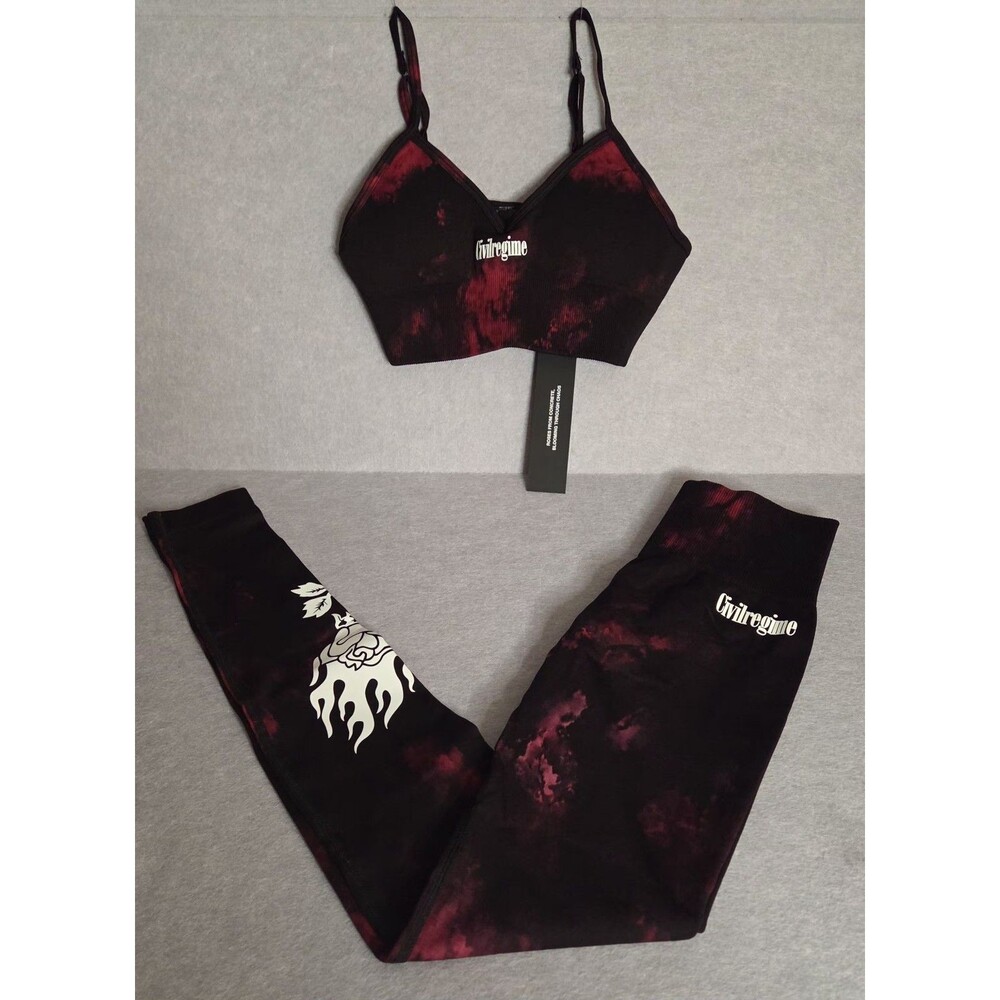 CIVIL REGIME Rose Flame Blk/Red Sz XS Bralette Leggings 2 Pc Activewear Set NWT